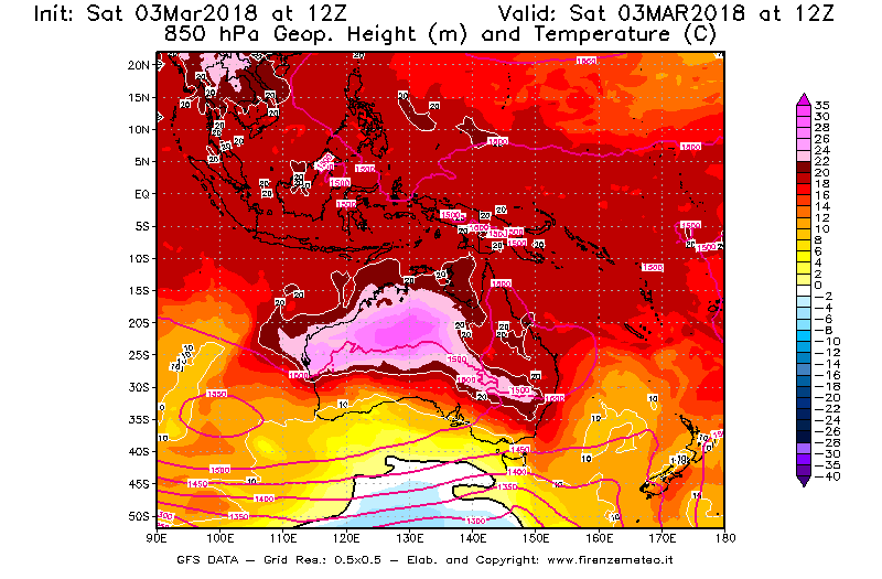Mappa di analisi GFS - Geopotenziale [m] e Temperatura [°C] a 850 hPa in Oceania
							del 03/03/2018 12 <!--googleoff: index-->UTC<!--googleon: index-->