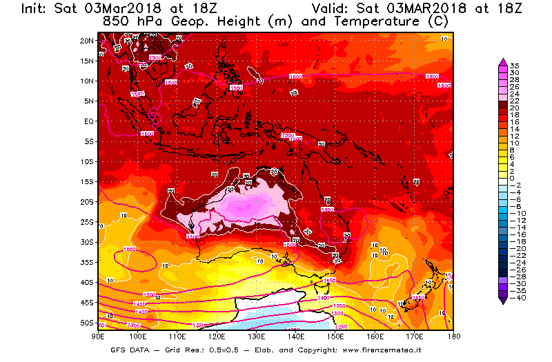 Mappa di analisi GFS - Geopotenziale [m] e Temperatura [°C] a 850 hPa in Oceania
							del 03/03/2018 18 <!--googleoff: index-->UTC<!--googleon: index-->