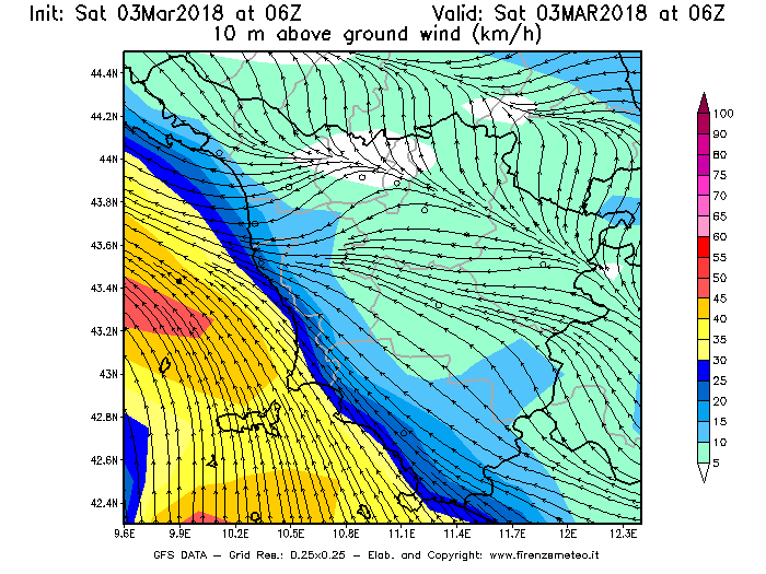 Mappa di analisi GFS - Velocità del vento a 10 metri dal suolo [km/h] in Toscana
									del 03/03/2018 06 <!--googleoff: index-->UTC<!--googleon: index-->