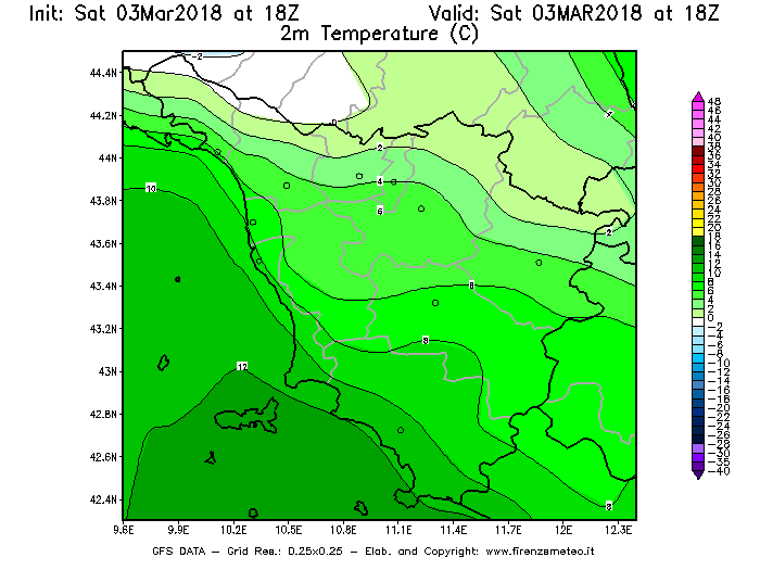 Mappa di analisi GFS - Temperatura a 2 metri dal suolo [°C] in Toscana
							del 03/03/2018 18 <!--googleoff: index-->UTC<!--googleon: index-->