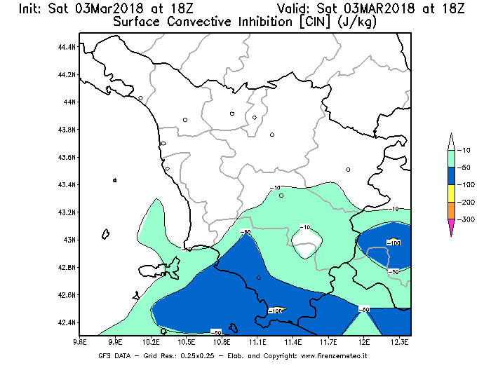 Mappa di analisi GFS - CIN [J/kg] in Toscana
									del 03/03/2018 18 <!--googleoff: index-->UTC<!--googleon: index-->