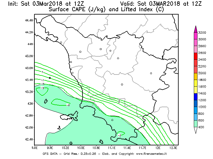 Mappa di analisi GFS - CAPE [J/kg] e Lifted Index [°C] in Toscana
							del 03/03/2018 12 <!--googleoff: index-->UTC<!--googleon: index-->