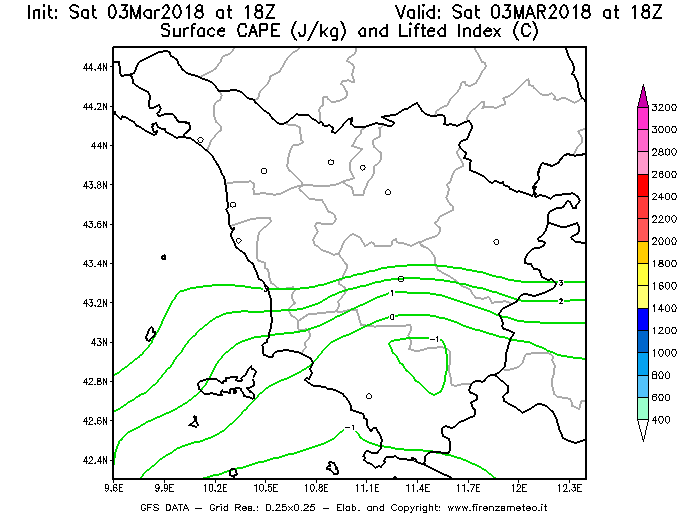 Mappa di analisi GFS - CAPE [J/kg] e Lifted Index [°C] in Toscana
							del 03/03/2018 18 <!--googleoff: index-->UTC<!--googleon: index-->