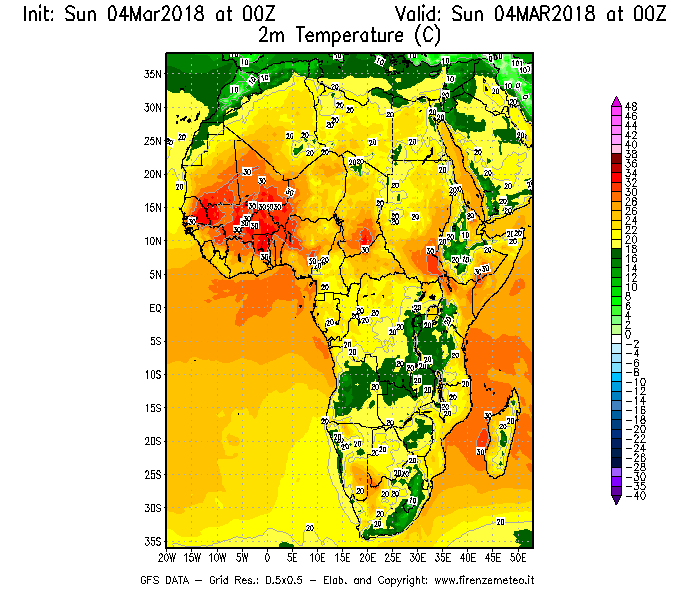Mappa di analisi GFS - Temperatura a 2 metri dal suolo [°C] in Africa
									del 04/03/2018 00 <!--googleoff: index-->UTC<!--googleon: index-->