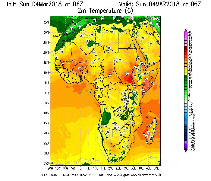 Mappa di analisi GFS - Temperatura a 2 metri dal suolo [°C] in Africa
									del 04/03/2018 06 <!--googleoff: index-->UTC<!--googleon: index-->