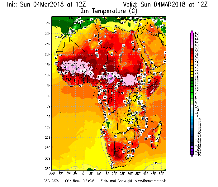Mappa di analisi GFS - Temperatura a 2 metri dal suolo [°C] in Africa
									del 04/03/2018 12 <!--googleoff: index-->UTC<!--googleon: index-->