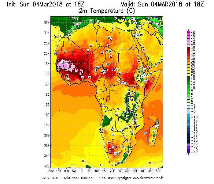 Mappa di analisi GFS - Temperatura a 2 metri dal suolo [°C] in Africa
									del 04/03/2018 18 <!--googleoff: index-->UTC<!--googleon: index-->