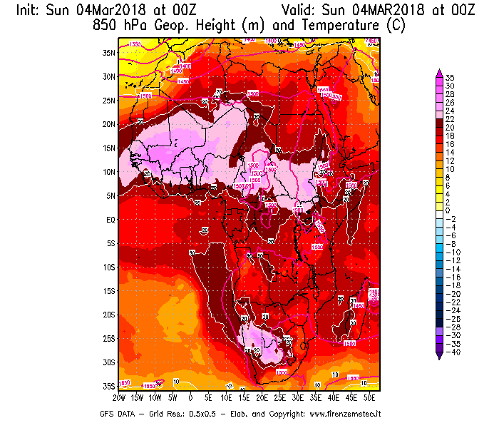 Mappa di analisi GFS - Geopotenziale [m] e Temperatura [°C] a 850 hPa in Africa
									del 04/03/2018 00 <!--googleoff: index-->UTC<!--googleon: index-->
