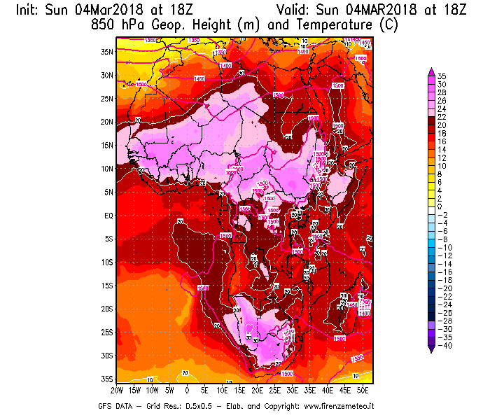 Mappa di analisi GFS - Geopotenziale [m] e Temperatura [°C] a 850 hPa in Africa
									del 04/03/2018 18 <!--googleoff: index-->UTC<!--googleon: index-->