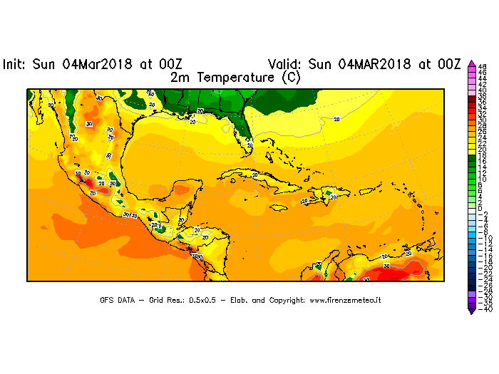 Mappa di analisi GFS - Temperatura a 2 metri dal suolo [°C] in Centro-America
									del 04/03/2018 00 <!--googleoff: index-->UTC<!--googleon: index-->