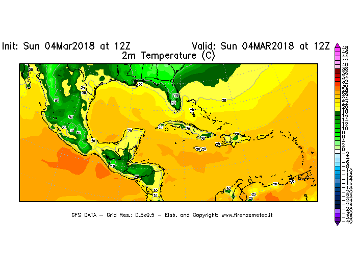 Mappa di analisi GFS - Temperatura a 2 metri dal suolo [°C] in Centro-America
									del 04/03/2018 12 <!--googleoff: index-->UTC<!--googleon: index-->