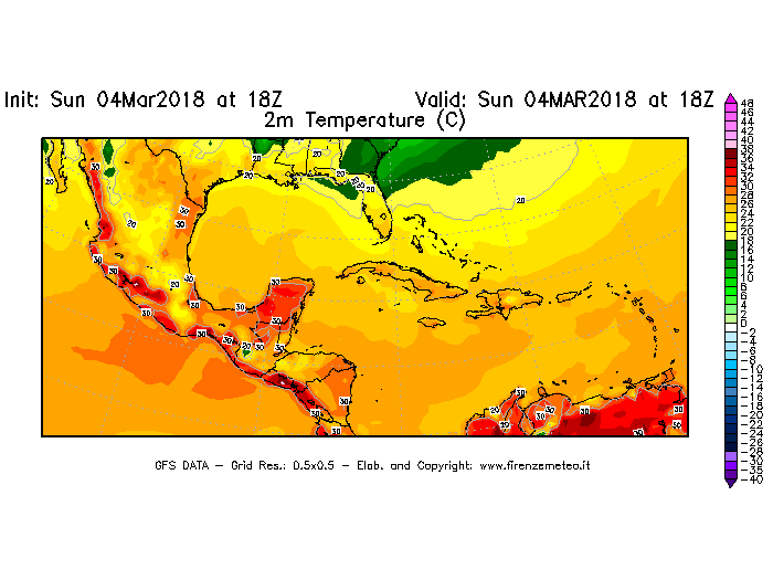 Mappa di analisi GFS - Temperatura a 2 metri dal suolo [°C] in Centro-America
									del 04/03/2018 18 <!--googleoff: index-->UTC<!--googleon: index-->