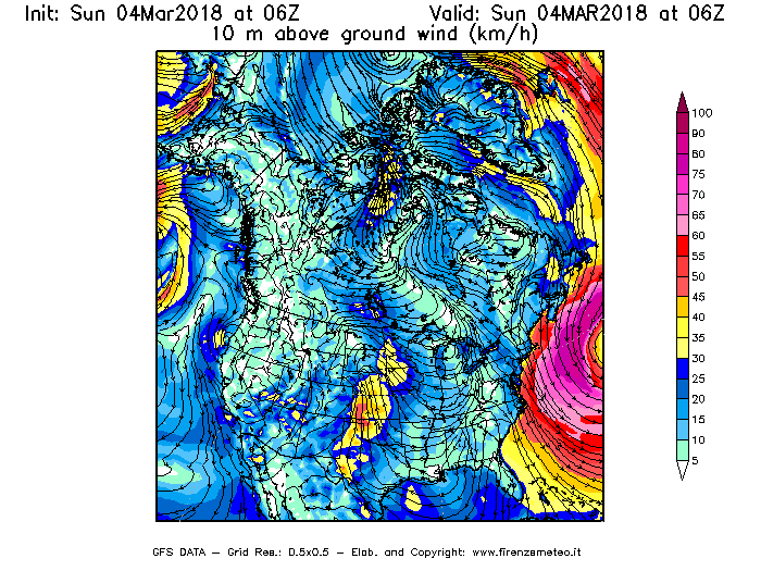 Mappa di analisi GFS - Velocità del vento a 10 metri dal suolo [km/h] in Nord-America
									del 04/03/2018 06 <!--googleoff: index-->UTC<!--googleon: index-->
