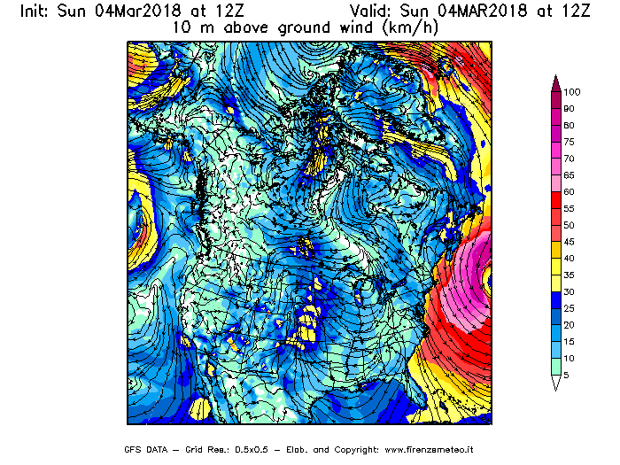 Mappa di analisi GFS - Velocità del vento a 10 metri dal suolo [km/h] in Nord-America
									del 04/03/2018 12 <!--googleoff: index-->UTC<!--googleon: index-->