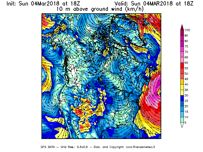 Mappa di analisi GFS - Velocità del vento a 10 metri dal suolo [km/h] in Nord-America
									del 04/03/2018 18 <!--googleoff: index-->UTC<!--googleon: index-->