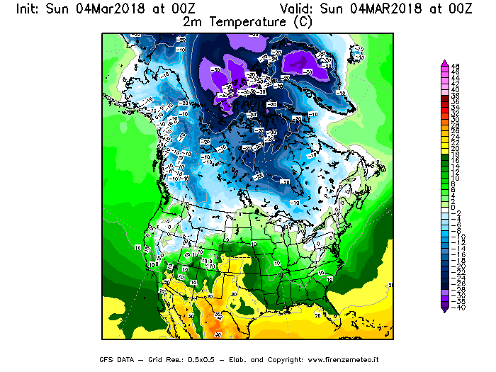 Mappa di analisi GFS - Temperatura a 2 metri dal suolo [°C] in Nord-America
									del 04/03/2018 00 <!--googleoff: index-->UTC<!--googleon: index-->