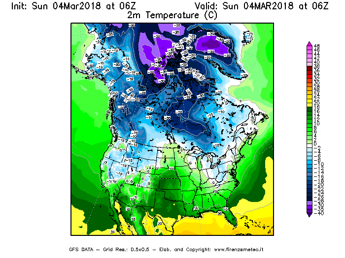 Mappa di analisi GFS - Temperatura a 2 metri dal suolo [°C] in Nord-America
									del 04/03/2018 06 <!--googleoff: index-->UTC<!--googleon: index-->