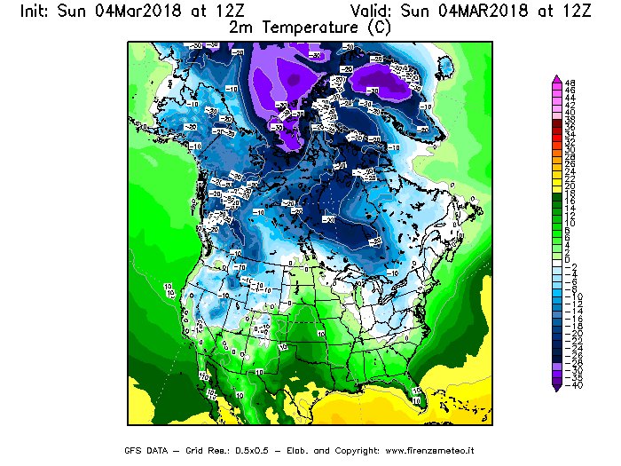 Mappa di analisi GFS - Temperatura a 2 metri dal suolo [°C] in Nord-America
									del 04/03/2018 12 <!--googleoff: index-->UTC<!--googleon: index-->