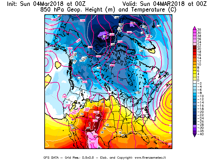Mappa di analisi GFS - Geopotenziale [m] e Temperatura [°C] a 850 hPa in Nord-America
									del 04/03/2018 00 <!--googleoff: index-->UTC<!--googleon: index-->