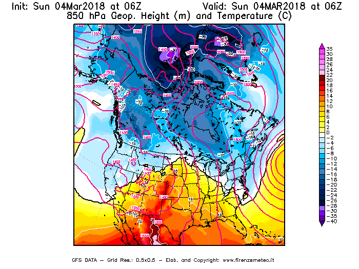 Mappa di analisi GFS - Geopotenziale [m] e Temperatura [°C] a 850 hPa in Nord-America
									del 04/03/2018 06 <!--googleoff: index-->UTC<!--googleon: index-->