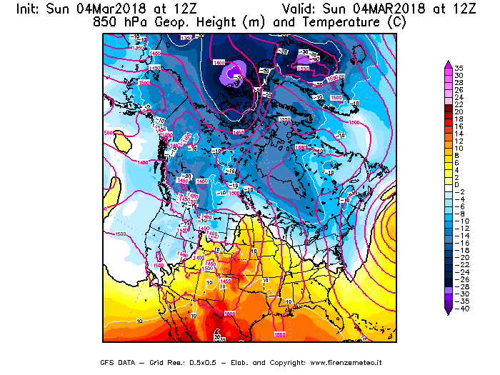 Mappa di analisi GFS - Geopotenziale [m] e Temperatura [°C] a 850 hPa in Nord-America
									del 04/03/2018 12 <!--googleoff: index-->UTC<!--googleon: index-->