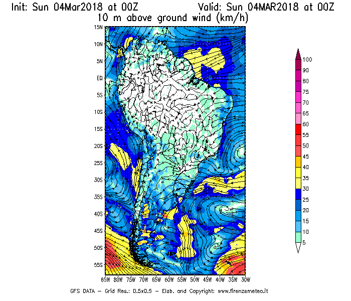 Mappa di analisi GFS - Velocità del vento a 10 metri dal suolo [km/h] in Sud-America
									del 04/03/2018 00 <!--googleoff: index-->UTC<!--googleon: index-->