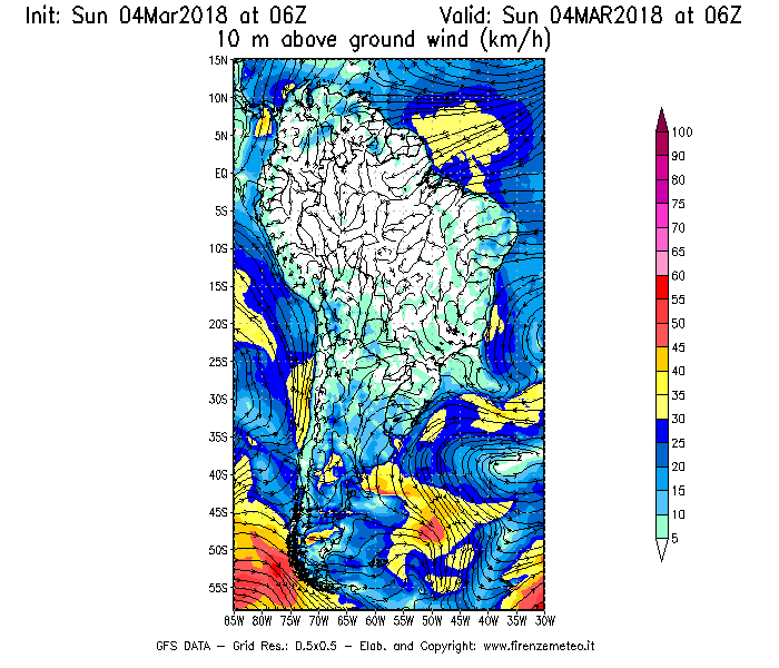 Mappa di analisi GFS - Velocità del vento a 10 metri dal suolo [km/h] in Sud-America
									del 04/03/2018 06 <!--googleoff: index-->UTC<!--googleon: index-->