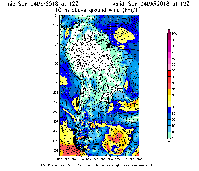 Mappa di analisi GFS - Velocità del vento a 10 metri dal suolo [km/h] in Sud-America
									del 04/03/2018 12 <!--googleoff: index-->UTC<!--googleon: index-->