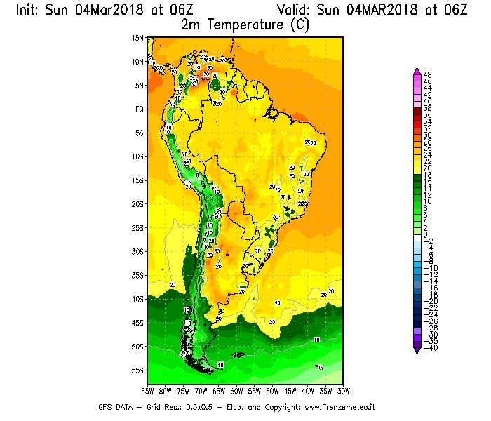Mappa di analisi GFS - Temperatura a 2 metri dal suolo [°C] in Sud-America
									del 04/03/2018 06 <!--googleoff: index-->UTC<!--googleon: index-->
