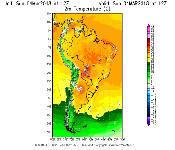 Mappa di analisi GFS - Temperatura a 2 metri dal suolo [°C] in Sud-America
									del 04/03/2018 12 <!--googleoff: index-->UTC<!--googleon: index-->