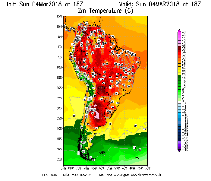 Mappa di analisi GFS - Temperatura a 2 metri dal suolo [°C] in Sud-America
									del 04/03/2018 18 <!--googleoff: index-->UTC<!--googleon: index-->