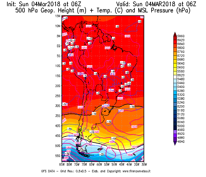 Mappa di analisi GFS - Geopotenziale [m] + Temp. [°C] a 500 hPa + Press. a livello del mare [hPa] in Sud-America
									del 04/03/2018 06 <!--googleoff: index-->UTC<!--googleon: index-->