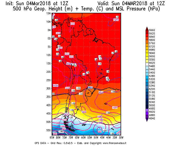 Mappa di analisi GFS - Geopotenziale [m] + Temp. [°C] a 500 hPa + Press. a livello del mare [hPa] in Sud-America
									del 04/03/2018 12 <!--googleoff: index-->UTC<!--googleon: index-->