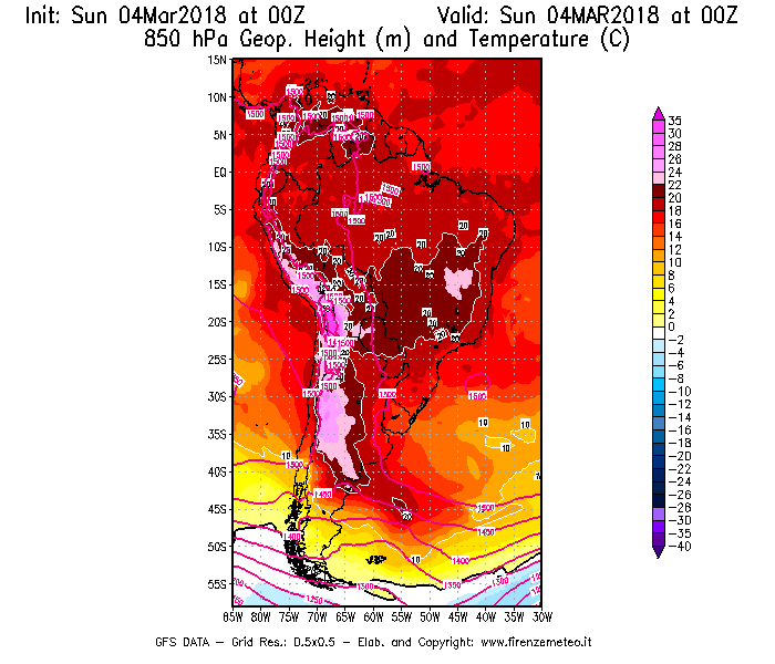 Mappa di analisi GFS - Geopotenziale [m] e Temperatura [°C] a 850 hPa in Sud-America
									del 04/03/2018 00 <!--googleoff: index-->UTC<!--googleon: index-->