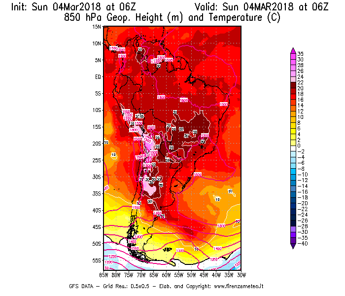 Mappa di analisi GFS - Geopotenziale [m] e Temperatura [°C] a 850 hPa in Sud-America
									del 04/03/2018 06 <!--googleoff: index-->UTC<!--googleon: index-->