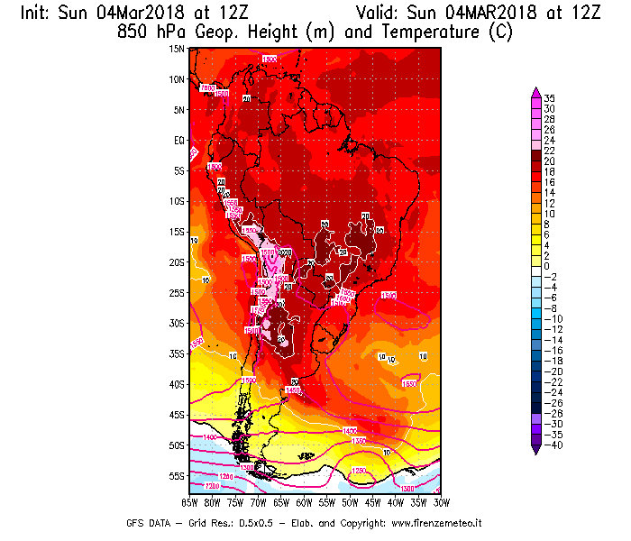 Mappa di analisi GFS - Geopotenziale [m] e Temperatura [°C] a 850 hPa in Sud-America
									del 04/03/2018 12 <!--googleoff: index-->UTC<!--googleon: index-->