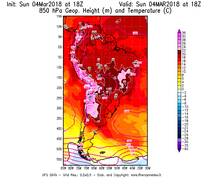 Mappa di analisi GFS - Geopotenziale [m] e Temperatura [°C] a 850 hPa in Sud-America
									del 04/03/2018 18 <!--googleoff: index-->UTC<!--googleon: index-->
