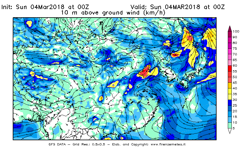 Mappa di analisi GFS - Velocità del vento a 10 metri dal suolo [km/h] in Asia Orientale
									del 04/03/2018 00 <!--googleoff: index-->UTC<!--googleon: index-->
