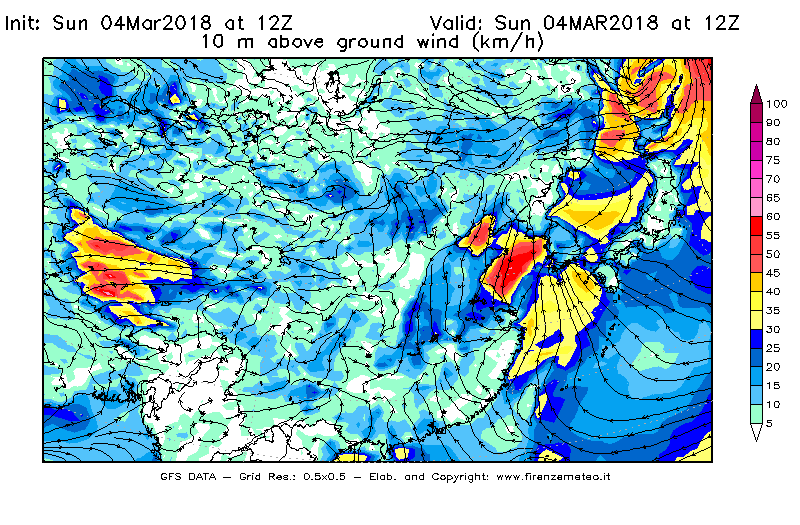 Mappa di analisi GFS - Velocità del vento a 10 metri dal suolo [km/h] in Asia Orientale
									del 04/03/2018 12 <!--googleoff: index-->UTC<!--googleon: index-->