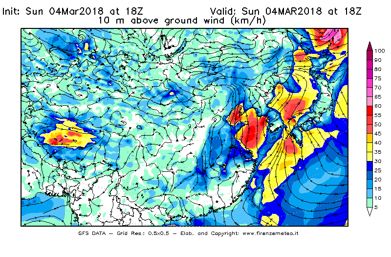 Mappa di analisi GFS - Velocità del vento a 10 metri dal suolo [km/h] in Asia Orientale
									del 04/03/2018 18 <!--googleoff: index-->UTC<!--googleon: index-->