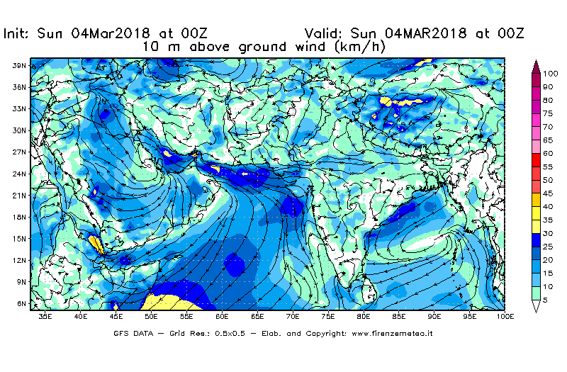 Mappa di analisi GFS - Velocità del vento a 10 metri dal suolo [km/h] in Asia Sud-Occidentale
									del 04/03/2018 00 <!--googleoff: index-->UTC<!--googleon: index-->