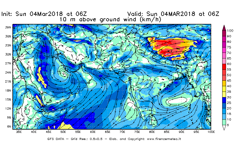 Mappa di analisi GFS - Velocità del vento a 10 metri dal suolo [km/h] in Asia Sud-Occidentale
									del 04/03/2018 06 <!--googleoff: index-->UTC<!--googleon: index-->