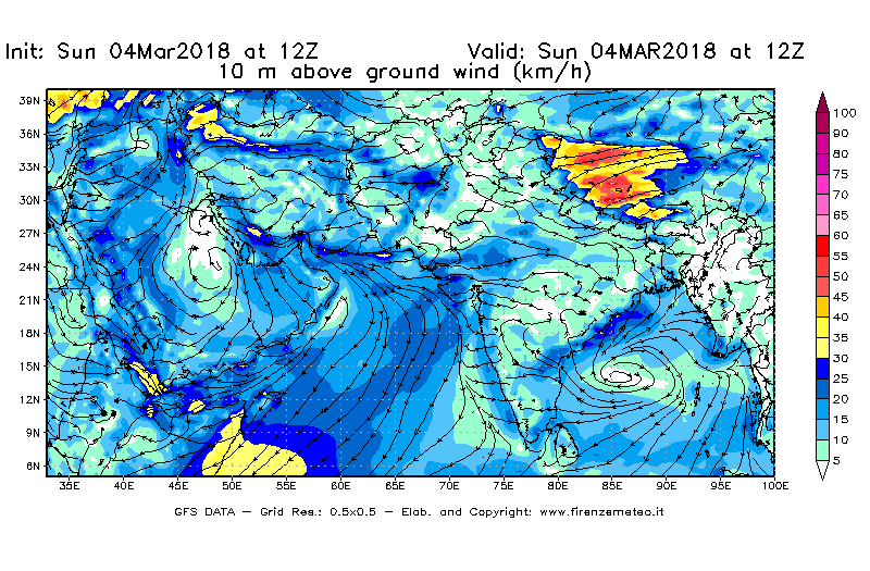Mappa di analisi GFS - Velocità del vento a 10 metri dal suolo [km/h] in Asia Sud-Occidentale
									del 04/03/2018 12 <!--googleoff: index-->UTC<!--googleon: index-->