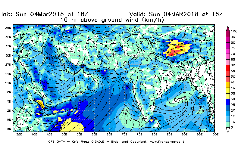 Mappa di analisi GFS - Velocità del vento a 10 metri dal suolo [km/h] in Asia Sud-Occidentale
									del 04/03/2018 18 <!--googleoff: index-->UTC<!--googleon: index-->