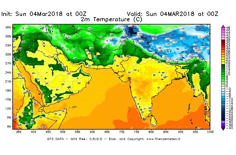 Mappa di analisi GFS - Temperatura a 2 metri dal suolo [°C] in Asia Sud-Occidentale
									del 04/03/2018 00 <!--googleoff: index-->UTC<!--googleon: index-->