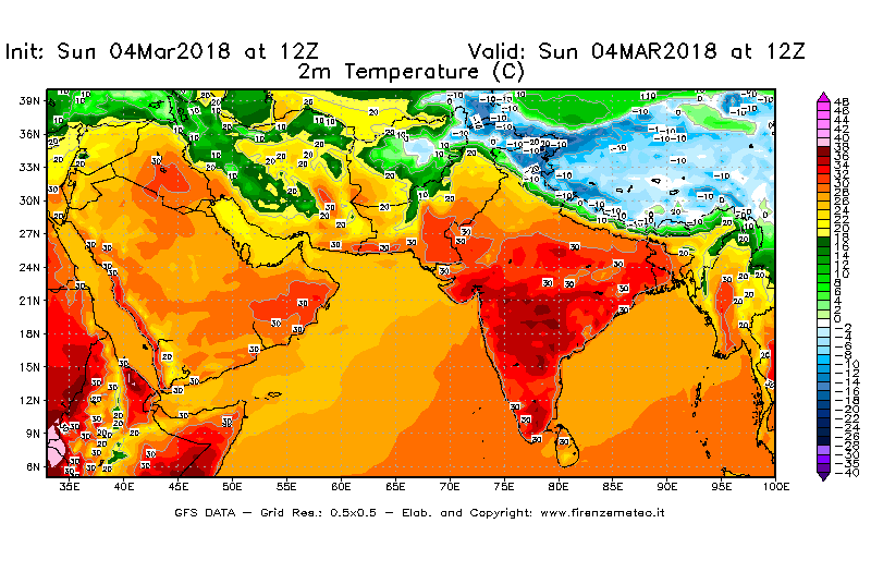 Mappa di analisi GFS - Temperatura a 2 metri dal suolo [°C] in Asia Sud-Occidentale
									del 04/03/2018 12 <!--googleoff: index-->UTC<!--googleon: index-->