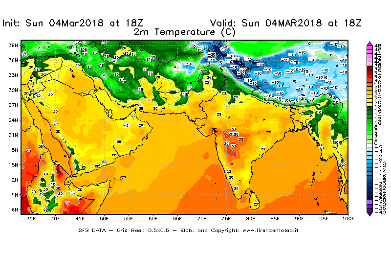 Mappa di analisi GFS - Temperatura a 2 metri dal suolo [°C] in Asia Sud-Occidentale
									del 04/03/2018 18 <!--googleoff: index-->UTC<!--googleon: index-->