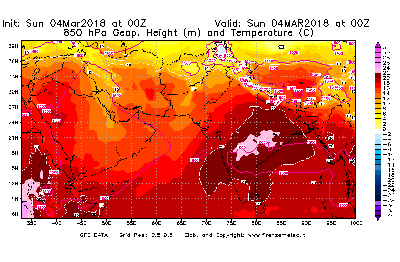 Mappa di analisi GFS - Geopotenziale [m] e Temperatura [°C] a 850 hPa in Asia Sud-Occidentale
									del 04/03/2018 00 <!--googleoff: index-->UTC<!--googleon: index-->