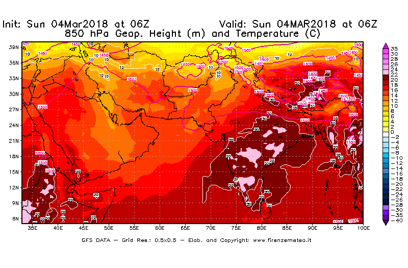 Mappa di analisi GFS - Geopotenziale [m] e Temperatura [°C] a 850 hPa in Asia Sud-Occidentale
									del 04/03/2018 06 <!--googleoff: index-->UTC<!--googleon: index-->