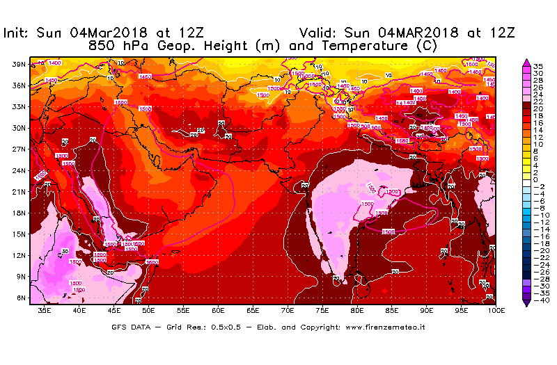 Mappa di analisi GFS - Geopotenziale [m] e Temperatura [°C] a 850 hPa in Asia Sud-Occidentale
									del 04/03/2018 12 <!--googleoff: index-->UTC<!--googleon: index-->